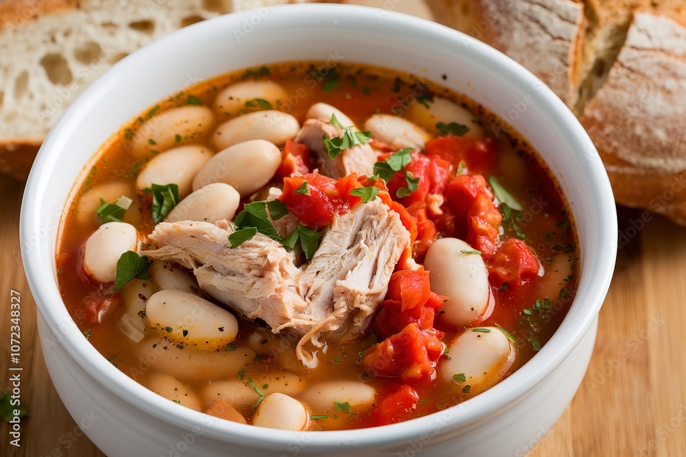 a bowl filled with a hearty bean soup. a bowl filled with a hearty bean soup.