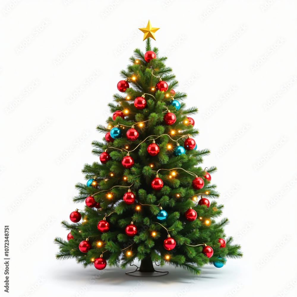Festively adorned Christmas tree with vibrant red and blue ornaments, twinkling lights, and a shining star on top, creating a joyful holiday spirit for seasonal celebrations and family gatherings Festively adorned Christmas tree with vibrant red and blue ornaments, twinkling lights, and a shining star on top, creating a joyful holiday spirit for seasonal celebrations and family gatherings