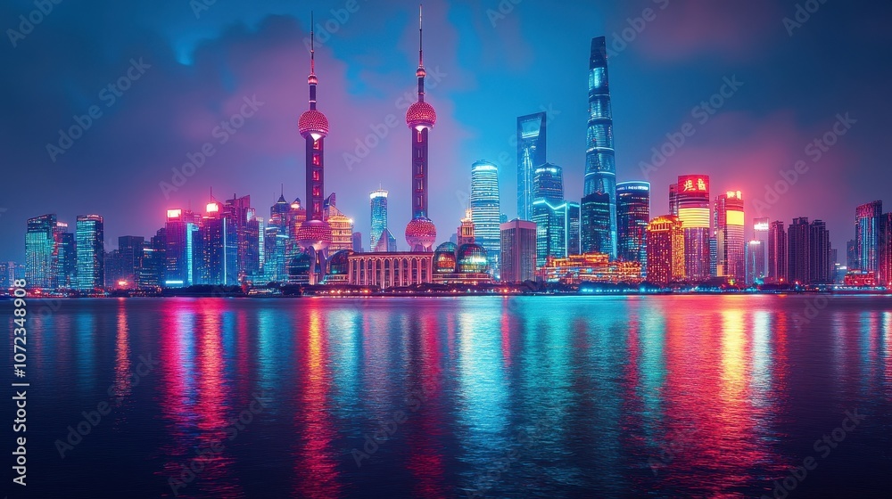 Vibrant cityscape with famous landmarks and colorful reflections Vibrant cityscape with famous landmarks and colorful reflections