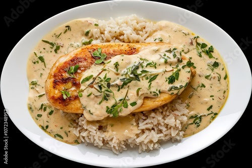 A photo of a plate with a baked chicken fillet in a creamy sauce with herbs