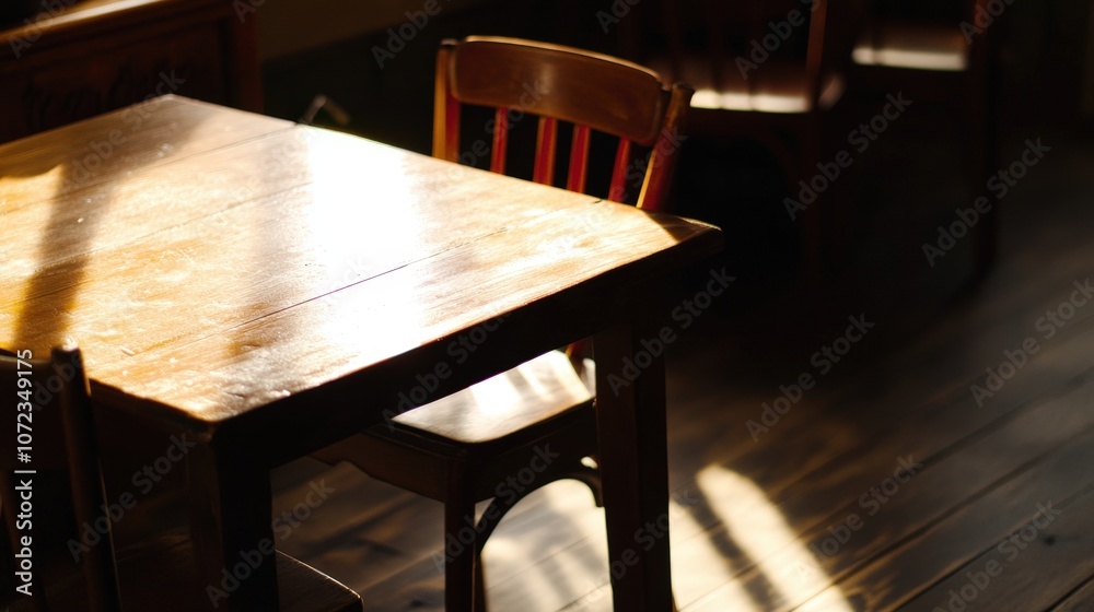 Cozy wooden table and chairs in a dimly lit room Cozy wooden table and chairs in a dimly lit room
