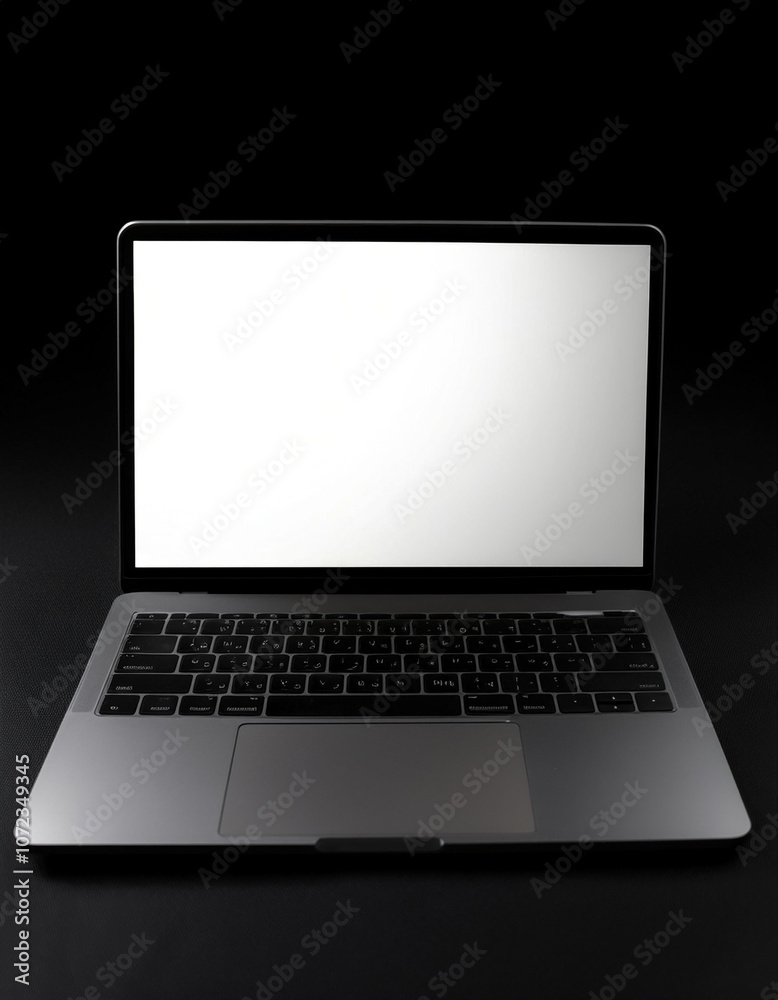 Laptop with white screen, isolated on a dark black