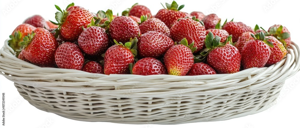 A white wicker basket overflowing with fresh, red strawberries. A white wicker basket overflowing with fresh, red strawberries.