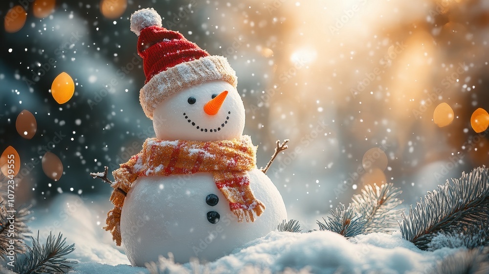 Snowman in a winter Christmas scene with snow, pine trees and warm light Snowman in a winter Christmas scene with snow, pine trees and warm light