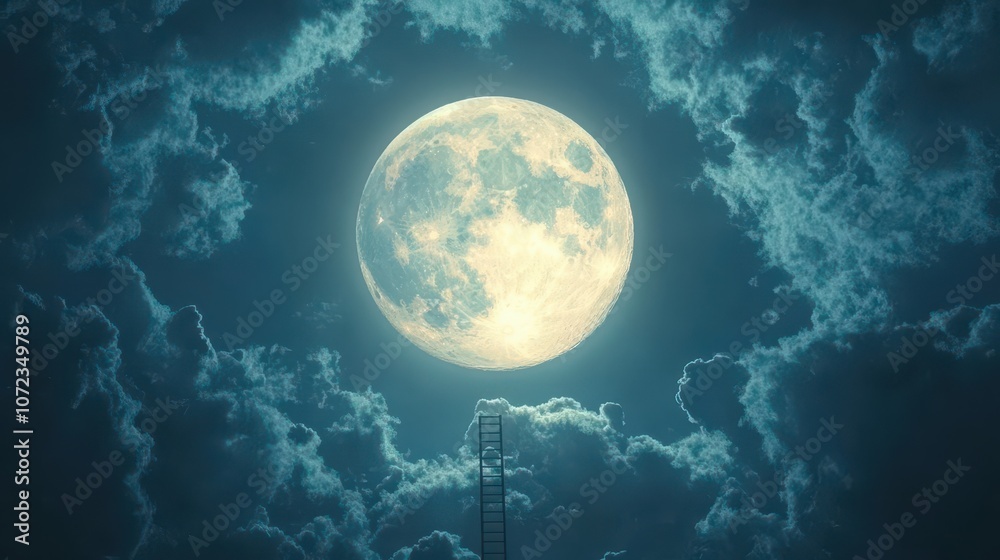 Ladder reaching towards the glowing full moon in a cloudy sky Ladder reaching towards the glowing full moon in a cloudy sky