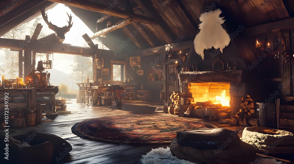 A cozy cabin interior with a fireplace, wooden beams, and a large window overlooking a snowy forest. A cozy cabin interior with a fireplace, wooden beams, and a large window overlooking a snowy forest.