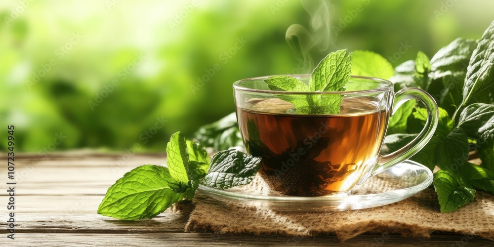 A Cup of Steaming Mint Tea on a Wooden Table with Green Background A Cup of Steaming Mint Tea on a Wooden Table with Green Background