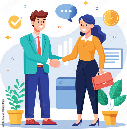 People shaking hands at work - Two businesspeople, man and woman doing handshake in office at work while smiling over business agreement and deal. Flat design stock illustration on white background