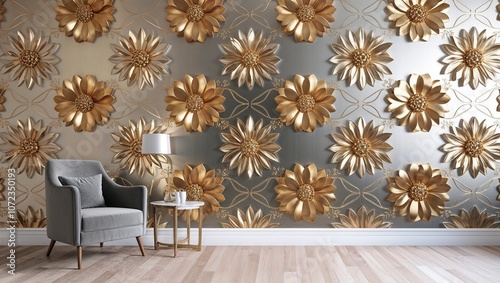 3d rendering mural wallpaper abstract with golden flowers ornament and silver gold background . visually expand the space in a small room, bring more lighr photo