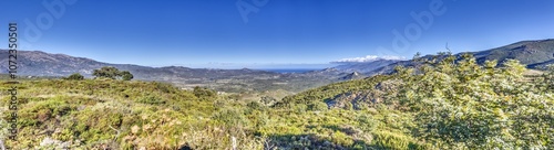 Panoramic view of Cap Corse coast from the mountains with the sea in the background