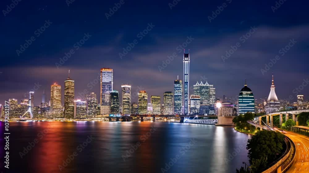 Stunning time lapse of the skyline viewed from a bridge crossing the river, highlighting city vibrance Stunning time lapse of the skyline viewed from a bridge crossing the river, highlighting city vibrance