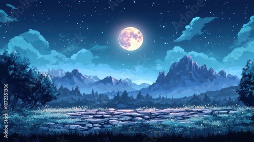 pixel art game background night sky with a full moon fantasy landscape