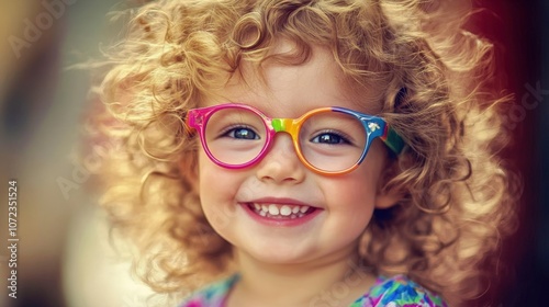 Cheerful young child with curly blonde hair and colorful eyeglasses