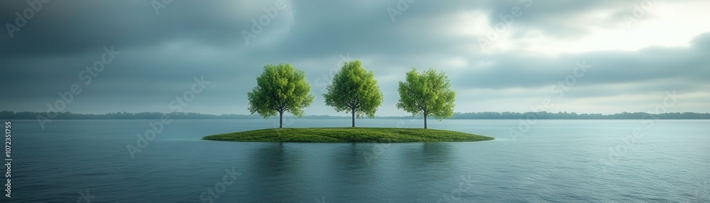A serene view of three lush trees on a small island surrounded by calm water under a cloudy sky. A serene view of three lush trees on a small island surrounded by calm water under a cloudy sky.