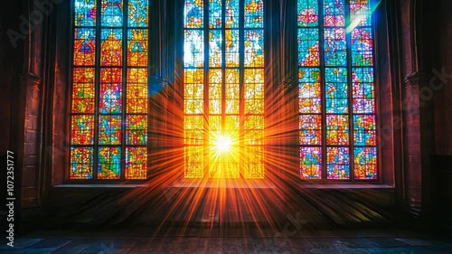 Bright sunlight streams through stained glass windows in a dark cathedral.