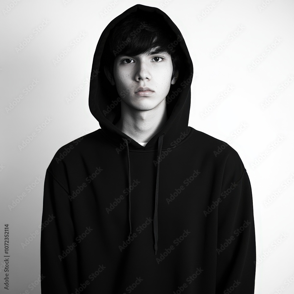 Fototapeta premium Serious young person in black hoodie