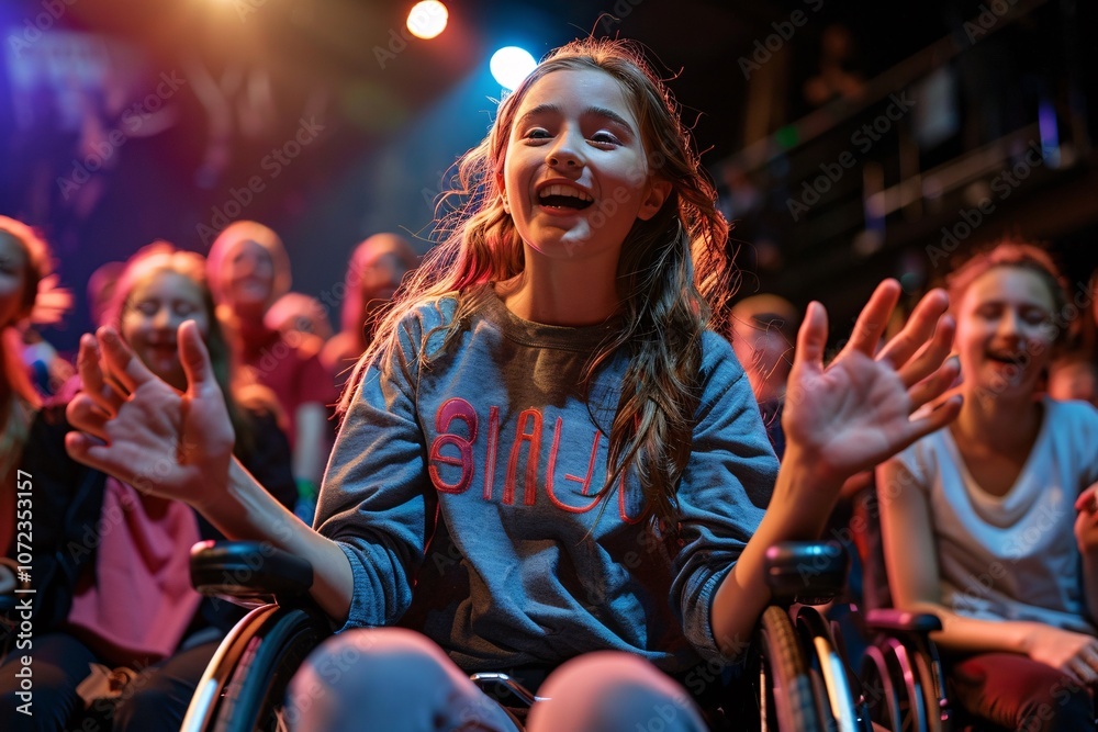 A young girl in a wheelchair enthusiastically interacts with a group of friends at a concert, surrounded by colorful stage lights. Her excitement adds to the atmosphere of the event A young girl in a wheelchair enthusiastically interacts with a group of friends at a concert, surrounded by colorful stage lights. Her excitement adds to the atmosphere of the event
