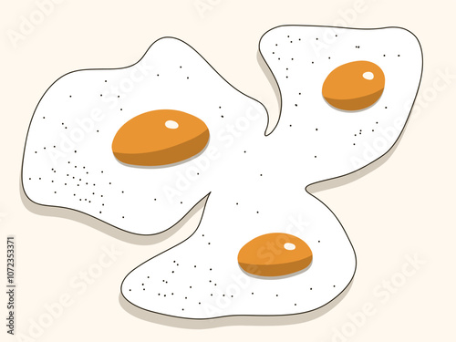 Three fried eggs with black pepper on beige background. Healthy breakfast. Vector illustration