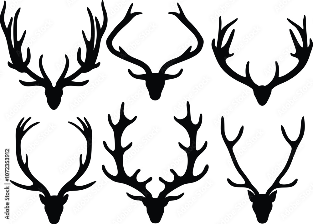 Collection of different deer antlers silhouettes vector illustration