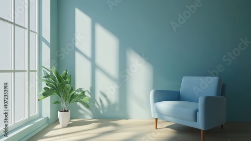 Bright and cozy living space featuring a blue chair and a green plant by the window.