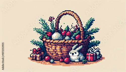 christmas themed 8bit pixel art illustration of a basket