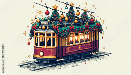 christmas themed 8bit pixel art illustration of a tram photo