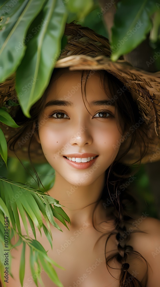 A woman with a straw hat smiles through lush green leaves, radiating a natural and carefree vibe. Ideal for nature, beauty, and lifestyle photography. A woman with a straw hat smiles through lush green leaves, radiating a natural and carefree vibe. Ideal for nature, beauty, and lifestyle photography.