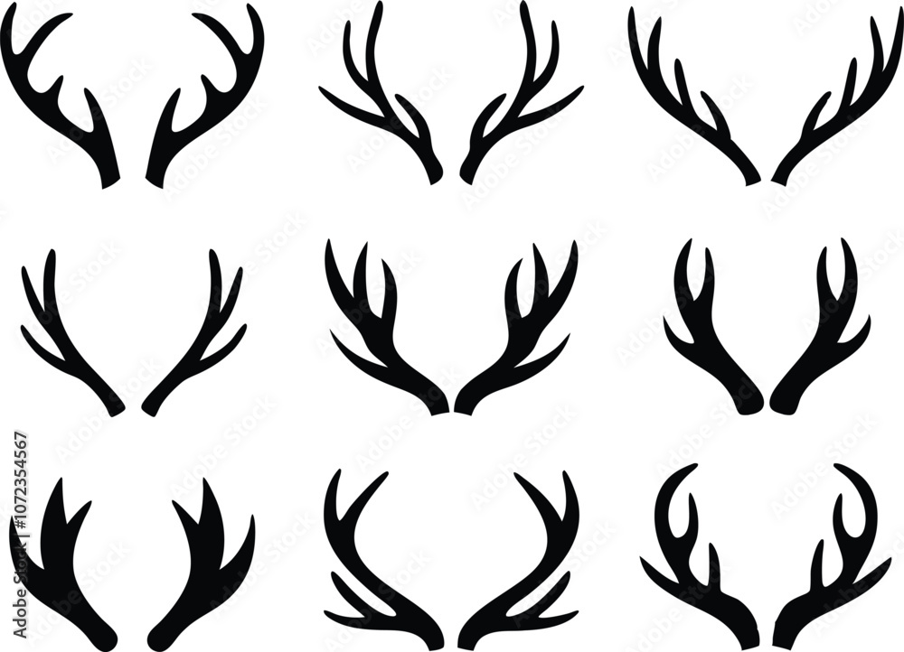 Collection of different deer antlers silhouettes vector illustration