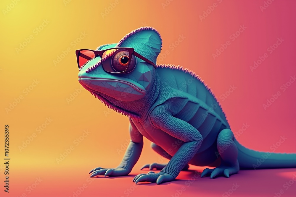 Fototapeta premium Trendy chameleon with glasses on vibrant gradient background.