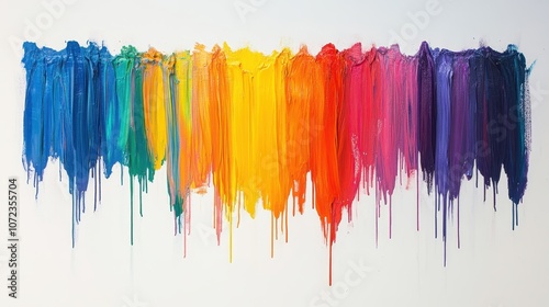 Dripping paint in vibrant colors creating a rainbow effect on a white background.