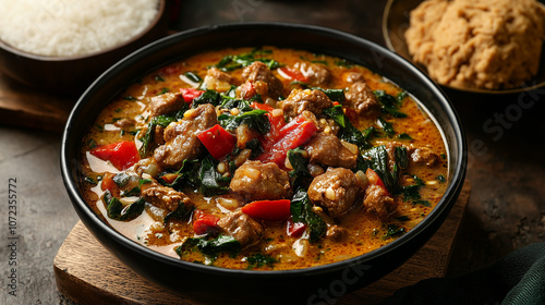 Egusi soup with meat and vegetables served in a black bowl photo