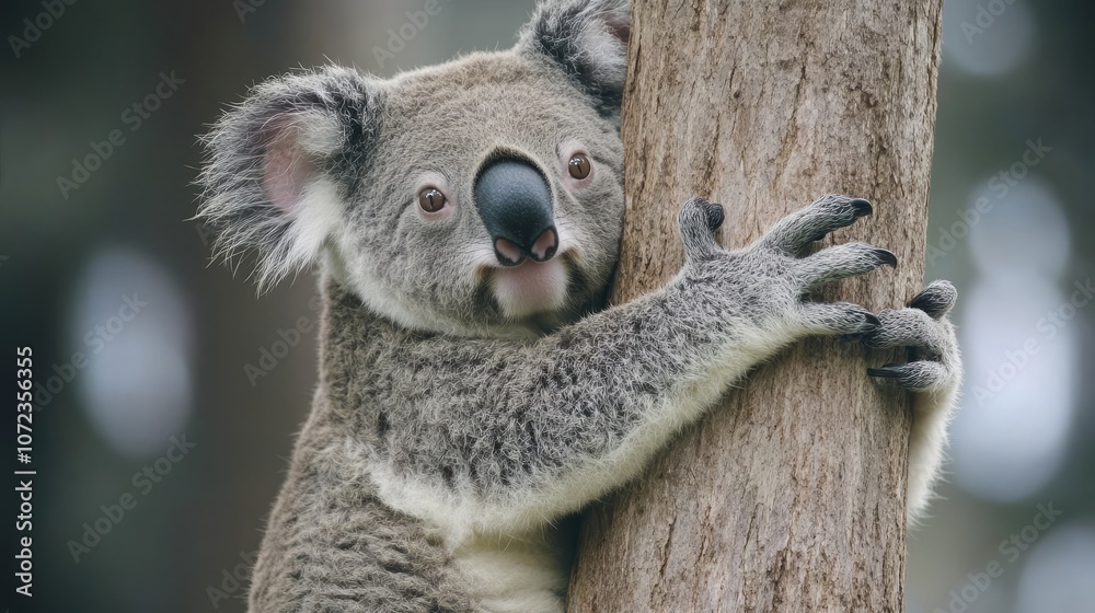 Obraz premium A heartwarming image of a cuddly koala holding onto a tree within its natural habitat, embodying the essence of nature, wildlife, and conservation.