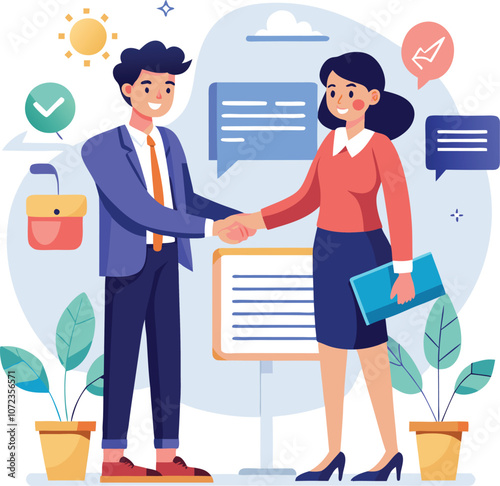 People shaking hands at work - Two businesspeople, man and woman doing handshake in office at work while smiling over business agreement and deal. Flat design stock illustration on white background