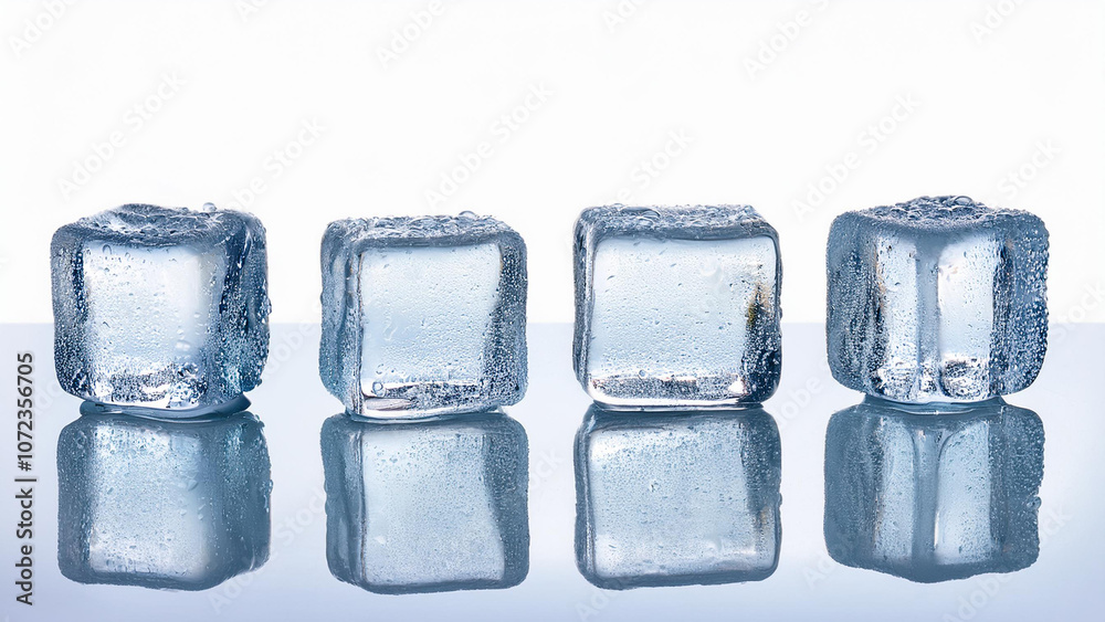 Four clear ice cubes in a row, isolated on a white background. PNG transparent. Four clear ice cubes in a row, isolated on a white background. PNG transparent.