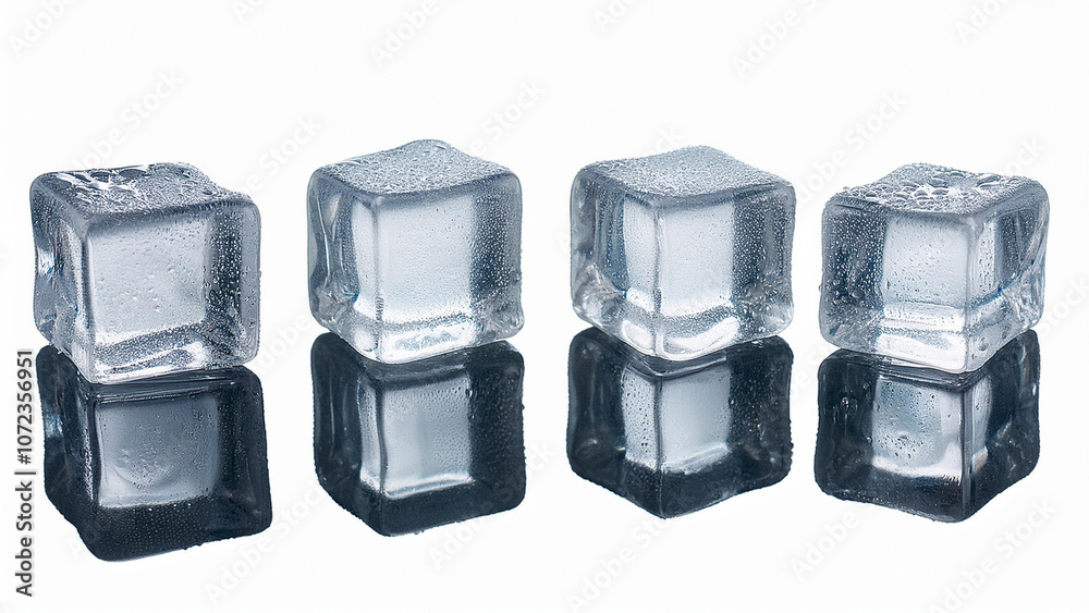 Four clear ice cubes in a row, isolated on a white background. PNG transparent. Four clear ice cubes in a row, isolated on a white background. PNG transparent.