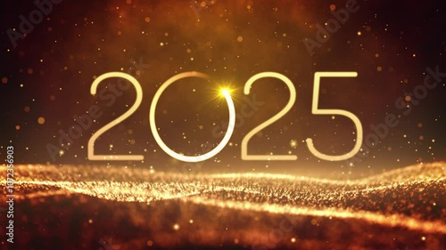 Happy new year 2025 neon animation. Shiny golden gradient numbers 2025 on glittering and sparkling wave. New Year background. photo