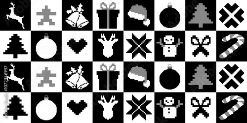  Featuring Reindeer, Trees, Snowmen, Ornaments, and Holiday Icons in Pixel Art Style
Christmas Pixel Pattern with Deers and Elks in the Winter Forest. Traditional Nordic Seamless Striped Ornament. 