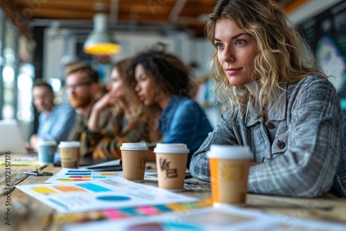 A young woman attentively listens to a lively group discussion in a vibrant co-working space, with coffee cups and colorful design charts spread across the brainstorming table