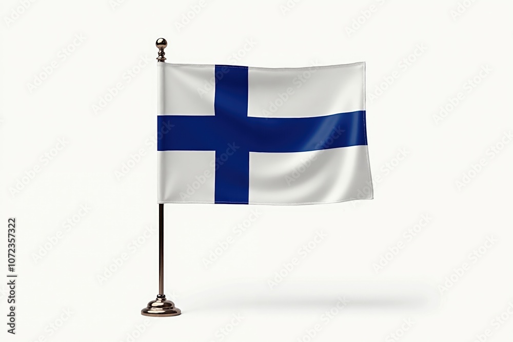 Finnish national flag on pole: blue cross on white background. Finnish national flag on pole: blue cross on white background.
