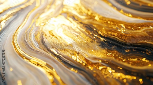 Abstract Swirling Gold and White Liquid Art