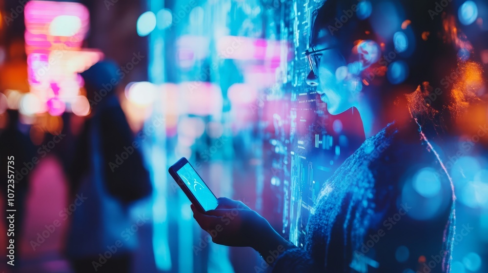 A woman in a sweater uses a smartphone with a blue screen in a city with brightly colored neon lights in the background. A woman in a sweater uses a smartphone with a blue screen in a city with brightly colored neon lights in the background.