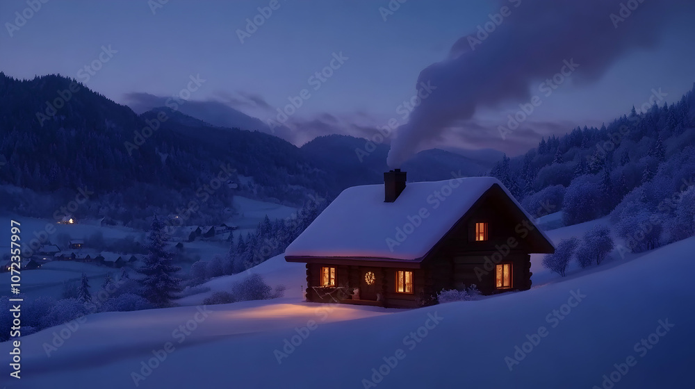 Fototapeta premium A cozy cabin with snow-covered roof and lit windows nestled in a snowy mountain valley.