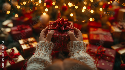 christmas tree gifts kid presents ribbon hands giving receiving