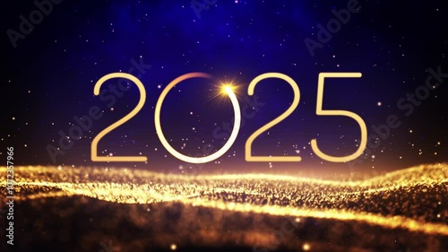 Happy new year 2025 neon animation. Shiny golden gradient numbers 2025 on glittering and sparkling wave on blue background. New Year background.