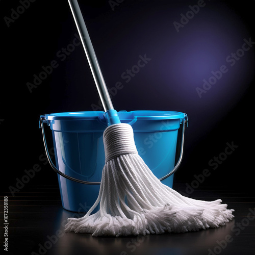 a mop bucket, isolated on a dark black photo