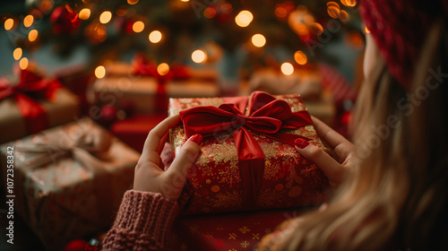 christmas tree gifts presents ribbon hands giving receiving 