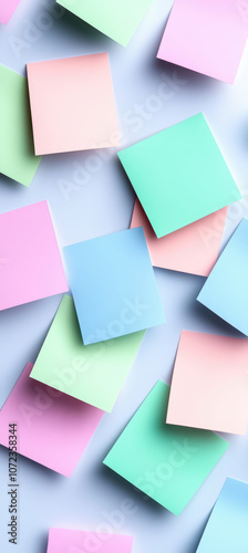 Colorful sticky notes in pastel shades scattered on soft background