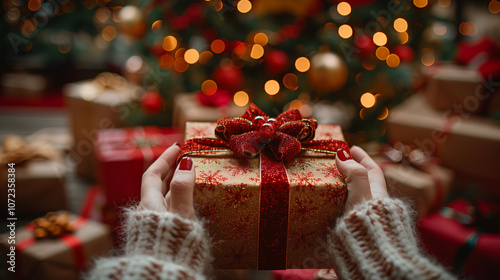 christmas tree gifts presents ribbon hands giving receiving 