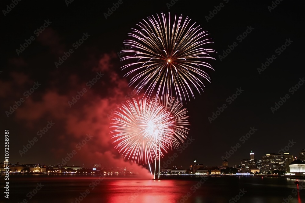 Spectacular nighttime fireworks display over water with city skyline in the background. Spectacular nighttime fireworks display over water with city skyline in the background.