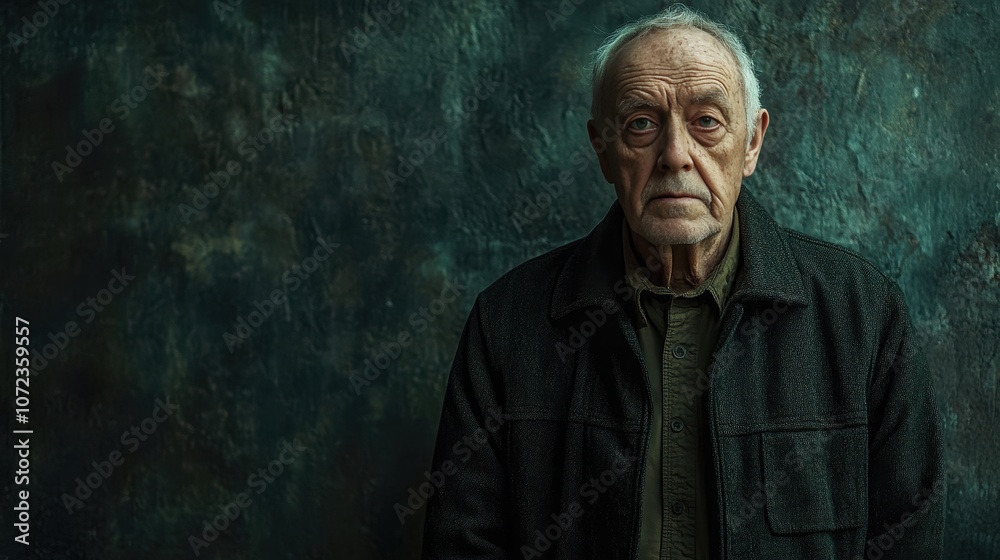 An older man stands against a dark, textured wall, creating a strong contrast between the subject and the background, evoking themes of wisdom and experience.